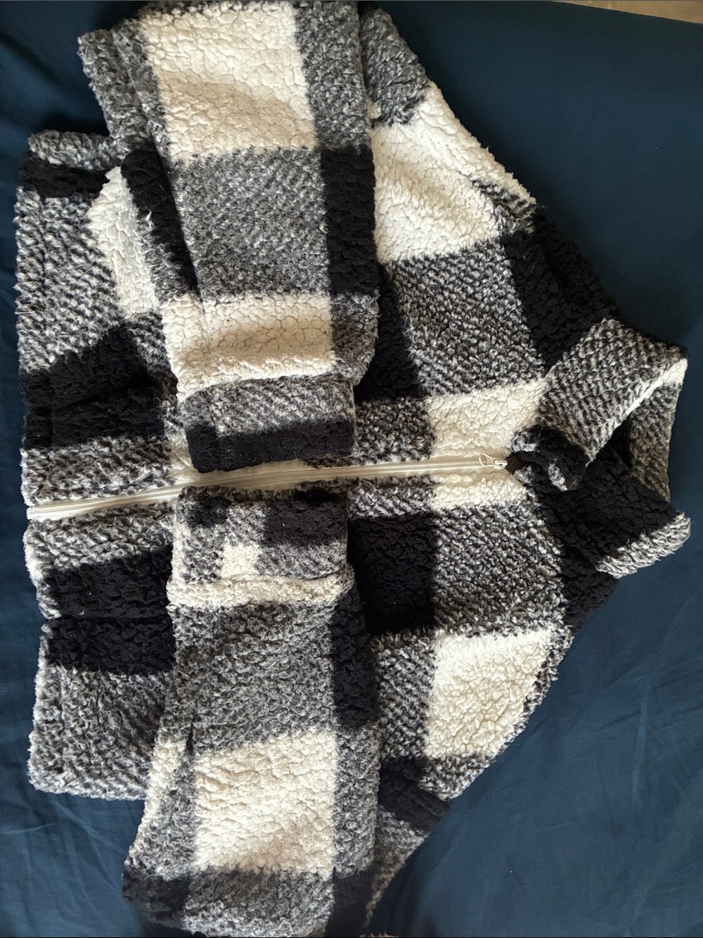 Cozy Black & White Plaid Sherpa Zip Sweater